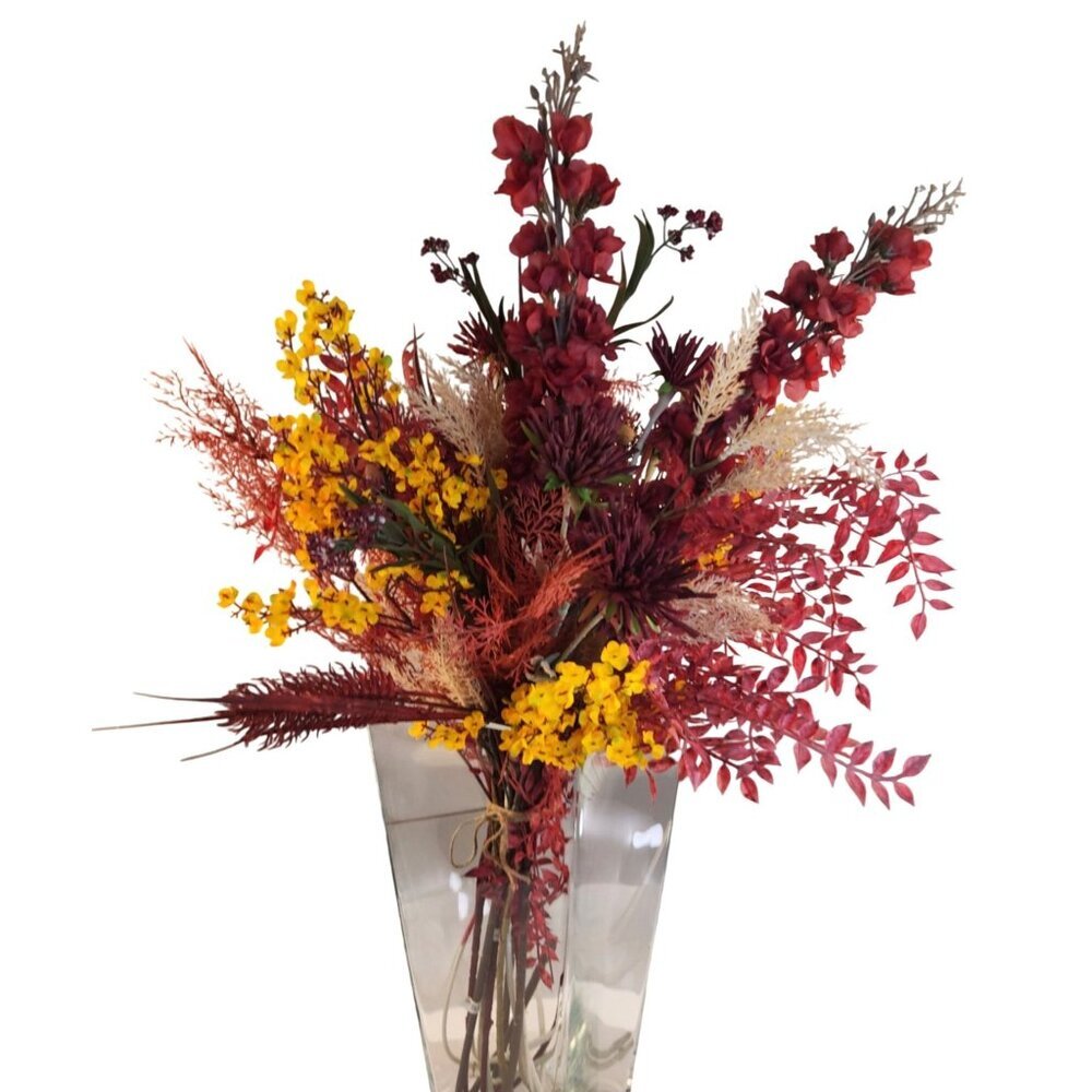 Hand Tied Artificial Flower Bouquet With Dark Reds and Yellow Wildflower mixture
